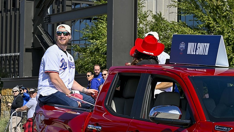 Nov 3, 2023; Arlington, TX, USA; Texas Rangers relief pitcher Will Smith (51) during the World Series championship parade at Globe Life Field. Mandatory Credit: Jerome Miron-USA TODAY Sports