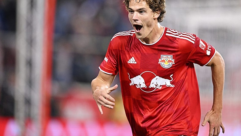 Nov 4, 2023; Harrison, NJ, USA; New York Red Bulls forward Tom Barlow (74) celebrates after scoring a goal during the second half against the FC Cincinnati of game two in a round one match of the 2023 MLS Cup Playoffs at Red Bull Arena. Mandatory Credit: Mark Smith-USA TODAY Sports
