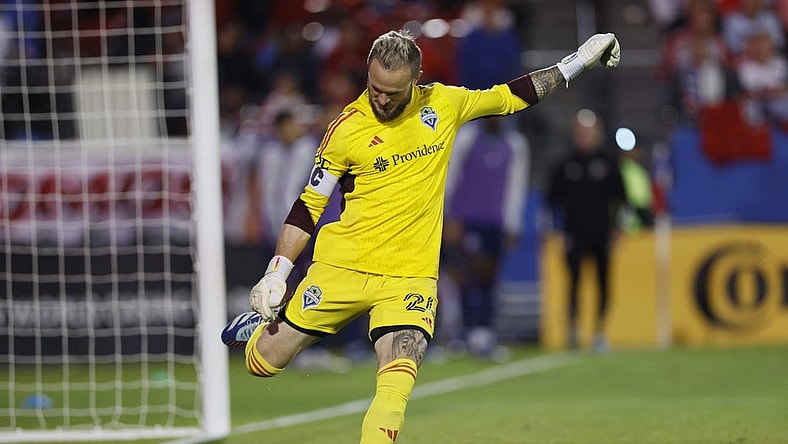 Nov 4, 2023; Frisco, Texas, USA; Seattle Sounders goalkeeper Stefan Frei (24) clears the ball during the second half of game two against FC Dallas in a round one match of the 2023 MLS Cup Playoffs at Toyota Stadium. Mandatory Credit: Andrew Dieb-USA TODAY Sports