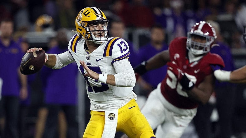 Nov 4, 2023; Tuscaloosa, Alabama, USA; LSU Tigers quarterback Garrett Nussmeier (13) throws  pass against the Alabama Crimson Tide during the second half at Bryant-Denny Stadium. Mandatory Credit: Butch Dill-USA TODAY Sports
