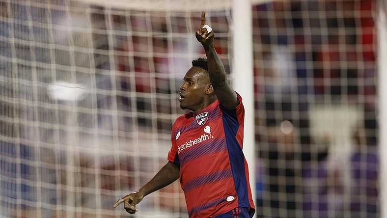Nov 4, 2023; Frisco, Texas, USA; FC Dallas forward Jader Obrian (8) celebrates after scoring a goal during the second half of game two against Seattle Sounders in a round one match of the 2023 MLS Cup Playoffs at Toyota Stadium. Mandatory Credit: Andrew Dieb-USA TODAY Sports