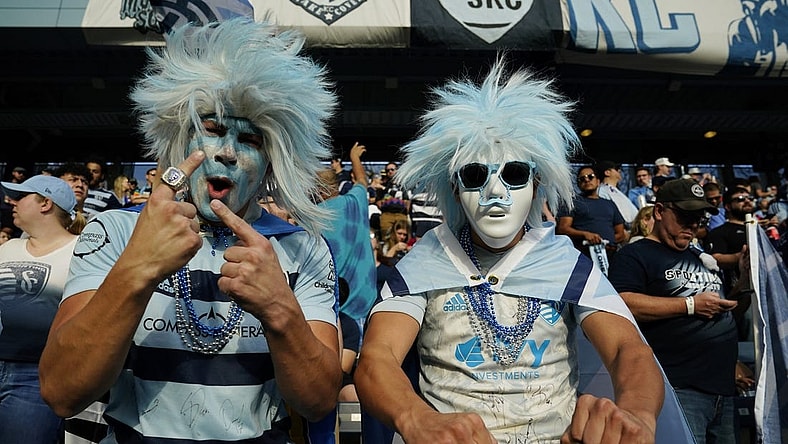 Nov 5, 2023; Kansas City, KS, USA; Sporting Kansas City fans before the start of the match of game two in a round one match of the 2023 MLS Cup Playoffs at Children's Mercy Park. Mandatory Credit: Jay Biggerstaff-USA TODAY Sports