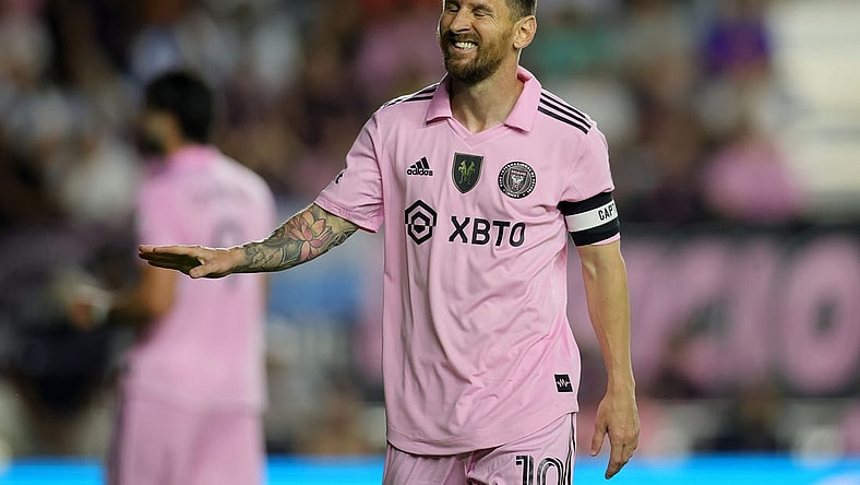 Nov 10, 2023; Lauderdale, FL, USA; Inter Miami forward Lionel Messi (10) reacts after missing a shot against New York City during the first half at DRV PNK Stadium. Mandatory Credit: Sam Navarro-USA TODAY Sports