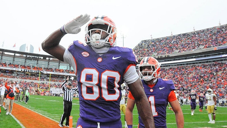 Nov 11, 2023; Clemson, South Carolina, USA; Clemson Tigers wide receiver Beaux Collins (80) salutes after scoring against the Georgia Tech Yellow Jackets during the second quarter at Memorial Stadium. Mandatory Credit: Ken Ruinard-USA TODAY Sports