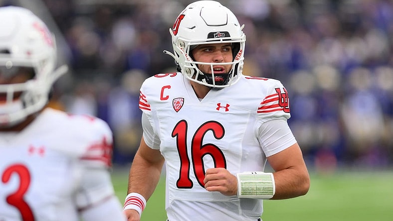 Nov 11, 2023; Seattle, Washington, USA; Utah Utes quarterback Bryson Barnes (16) during warmups prior to the game against the Washington Huskies at Alaska Airlines Field at Husky Stadium. Mandatory Credit: Steven Bisig-USA TODAY Sports