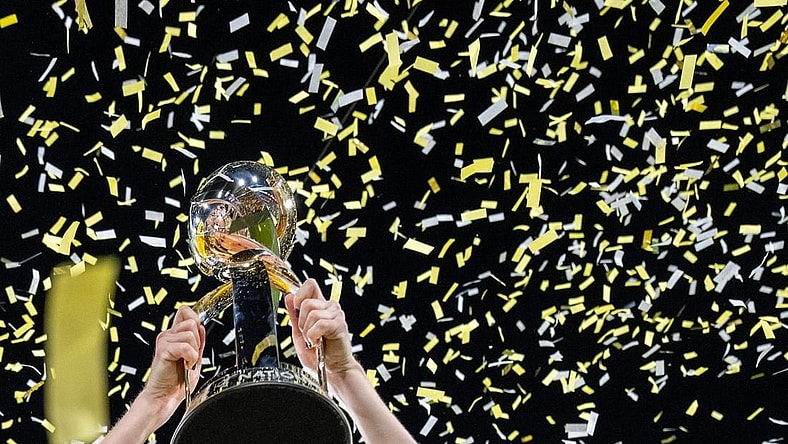 November 11, 2023; San Diego, California, USA; Detail view of the championship trophy after the NWSL Championship match against OL Reign at Snapdragon Stadium. Mandatory Credit: Kyle Terada-USA TODAY Sports