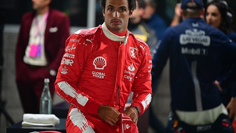 Nov 17, 2023; Las Vegas, Nevada, USA; Scuderia Ferrari driver Carlos Sainz Jr. of Spain (55) reacts after qualifying second at Las Vegas Strip Circuit. Mandatory Credit: Gary A. Vasquez-USA TODAY Sports