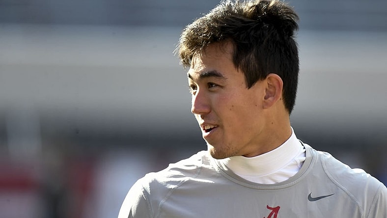 Nov 18, 2023; Tuscaloosa, Alabama, USA;  Alabama Crimson Tide quarterback Tyler Buchner (8) walks through his pregame warmup before the game with Chattanooga at Bryant-Denny Stadium. Mandatory Credit: Gary Cosby Jr.-USA TODAY Sports