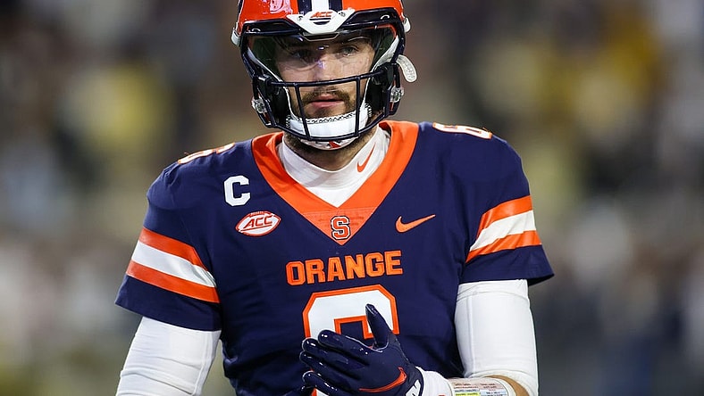 Nov 18, 2023; Atlanta, Georgia, USA; Syracuse Orange quarterback Garrett Shrader (6) on the sideline against the Georgia Tech Yellow Jackets in the second half at Bobby Dodd Stadium at Hyundai Field. Mandatory Credit: Brett Davis-USA TODAY Sports