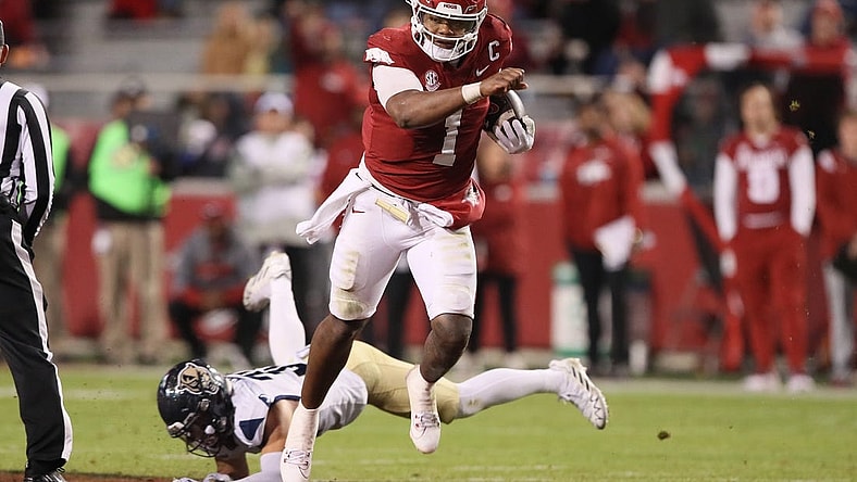 Nov 18, 2023; Fayetteville, Arkansas, USA; Arkansas Razorbacks quarterback KJ Jefferson (1) rushes in the third quarter against the FIU Panthers at Donald W. Reynolds Razorback Stadium. Arkansas won 44-20. Mandatory Credit: Nelson Chenault-USA TODAY Sports