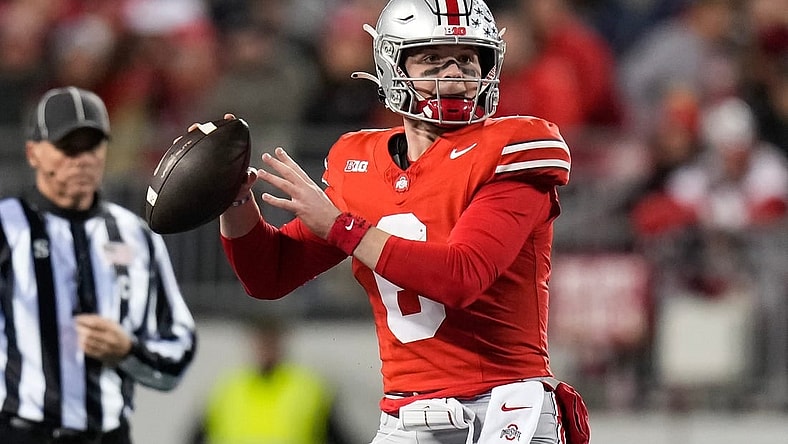 Nov 18, 2023; Columbus, Ohio, USA; Ohio State Buckeyes quarterback Kyle McCord (6) looks to pass during the NCAA football game against the Minnesota Golden Gophers at Ohio Stadium.