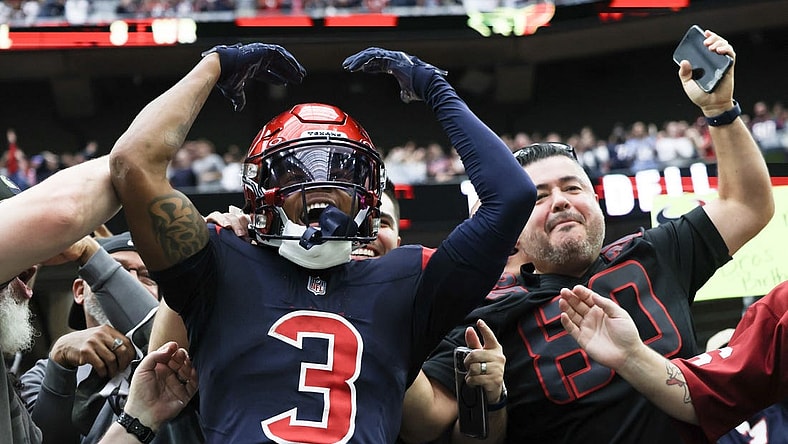 Nov 19, 2023; Houston, Texas, USA;  Houston Texans wide receiver Tank Dell (3) jumps in the stands and celebrates his touchdown against the Arizona Cardinals in the second quarter at NRG Stadium. Mandatory Credit: Thomas Shea-USA TODAY Sports