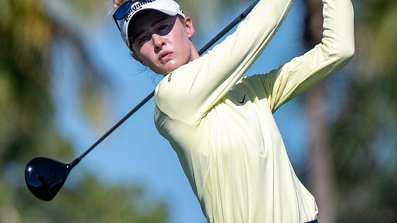 Nelly Korda tees off on the 9th hole during the final round of the CME Group Tour Championship at the Tiburon Golf Club in Naples, Fla.,on Sunday, November 19, 2023.