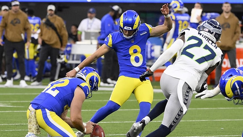 Nov 19, 2023; Inglewood, California, USA; Los Angeles Rams place kicker Lucas Havrisik (8) kicks a field goal in the fourth quarter against the Seattle Seahawks at SoFi Stadium. Mandatory Credit: Robert Hanashiro-USA TODAY Sports
