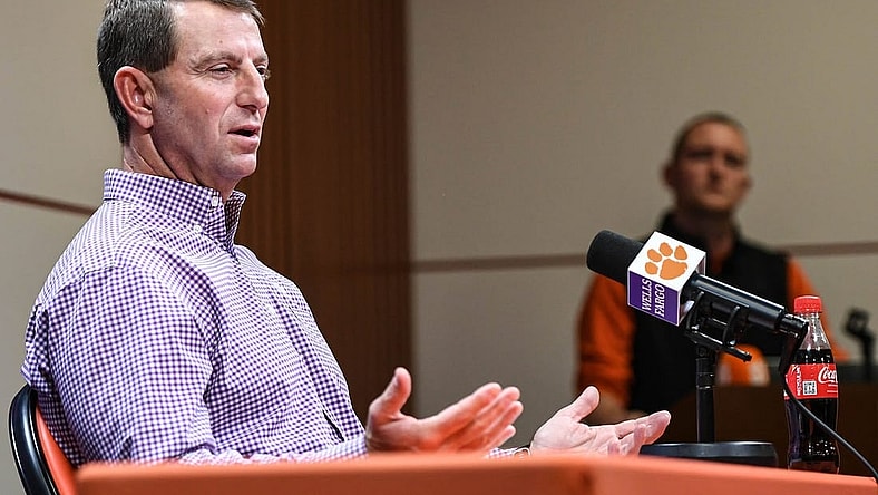 Clemson head coach Dabo Swinney speaks in the Smart Family Media Center at the Smart Family Media Center at the Poe Indoor Practice Facility in Clemson, S.C. Tuesday, Nov 21, 2023.