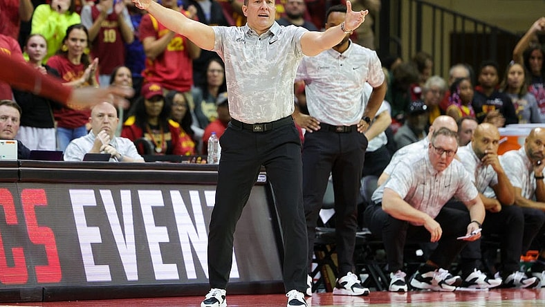 Nov 23, 2023; Kissimmee, Florida, USA;  Iowa State Cyclones head coach T. J. Otzelberger reacts after a play against the Virginia Commonwealth Rams in the second half during the ESPN Events Invitational at State Farm Field House. Mandatory Credit: Nathan Ray Seebeck-USA TODAY Sports