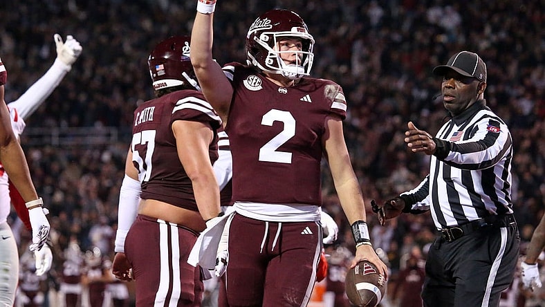 Nov 23, 2023; Starkville, Mississippi, USA; Mississippi State Bulldogs quarterback Will Rogers (2) reacts during the second half against the Mississippi Rebels at Davis Wade Stadium at Scott Field. Mandatory Credit: Petre Thomas-USA TODAY Sports