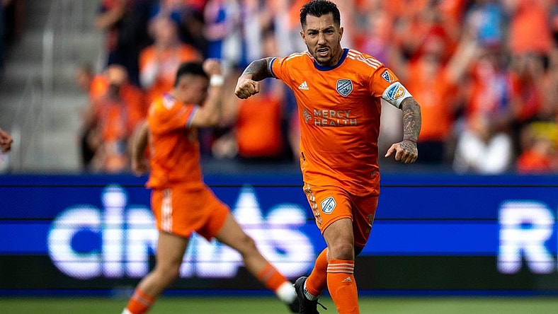 FC Cincinnati midfielder Luciano Acosta (10) celebrates after scoring on a penalty kick in the first half of FC Cincinnati and Columbus Crew play at TQL Stadium in Cincinnati on Saturday, May 20, 2023.