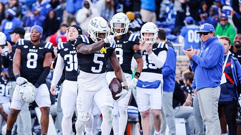 Nov 25, 2023; Durham, North Carolina, USA; Duke Blue Devils wide receiver Jalon Calhoun (5) celebrates a play  during the second half of the game against Pittsburgh Panthers at Wallace Wade Stadium.  Mandatory Credit: Jaylynn Nash-USA TODAY Sports