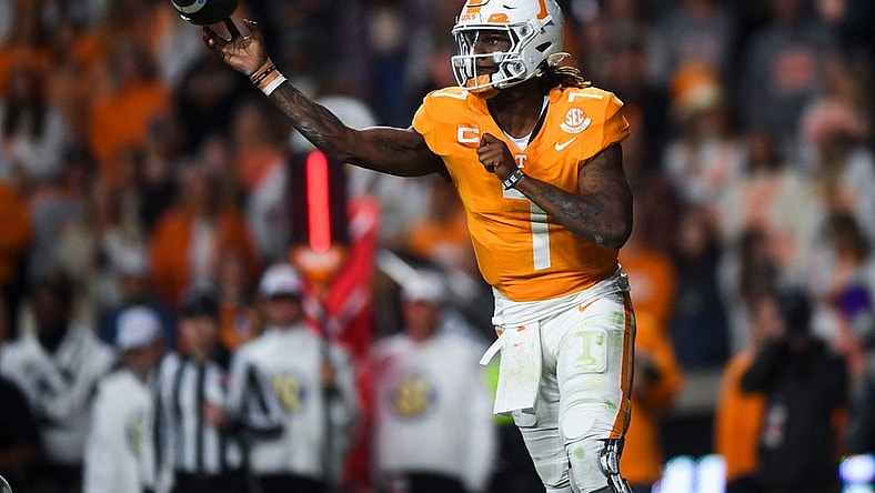 Tennessee quarterback Joe Milton III (7) throws the ball during the NCAA college football game against Vanderbilt on Saturday, November 25, 2023 in Knoxville, Tenn.