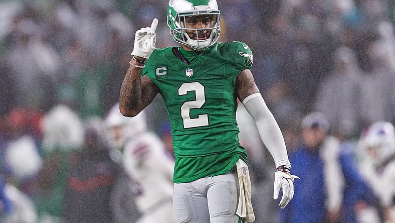 Nov 26, 2023; Philadelphia, Pennsylvania, USA; Philadelphia Eagles cornerback Darius Slay (2) reacts after breaking up a pass play against the Buffalo Bills during the second quarter at Lincoln Financial Field. Mandatory Credit: Bill Streicher-USA TODAY Sports