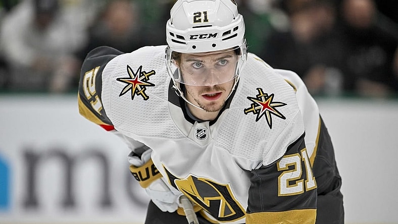 Nov 22, 2023; Dallas, Texas, USA; Vegas Golden Knights right wing Mark Stone (61) in action during the game between the Dallas Stars and the Vegas Golden Knights at the American Airlines Center. Mandatory Credit: Jerome Miron-USA TODAY Sports