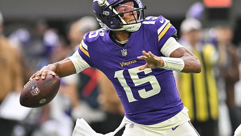 Nov 12, 2023; Minneapolis, Minnesota, USA; Minnesota Vikings quarterback Joshua Dobbs (15) throws a pass against the New Orleans Saints during the first quarter at U.S. Bank Stadium. Mandatory Credit: Jeffrey Becker-USA TODAY Sports