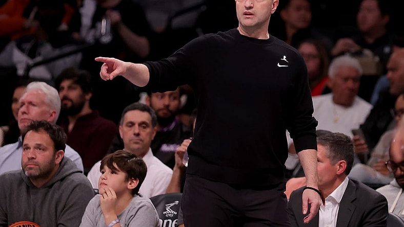 Nov 28, 2023; Brooklyn, New York, USA; Toronto Raptors head coach Darko Rajakovic coaches against the Brooklyn Nets during the second quarter at Barclays Center. Mandatory Credit: Brad Penner-USA TODAY Sports