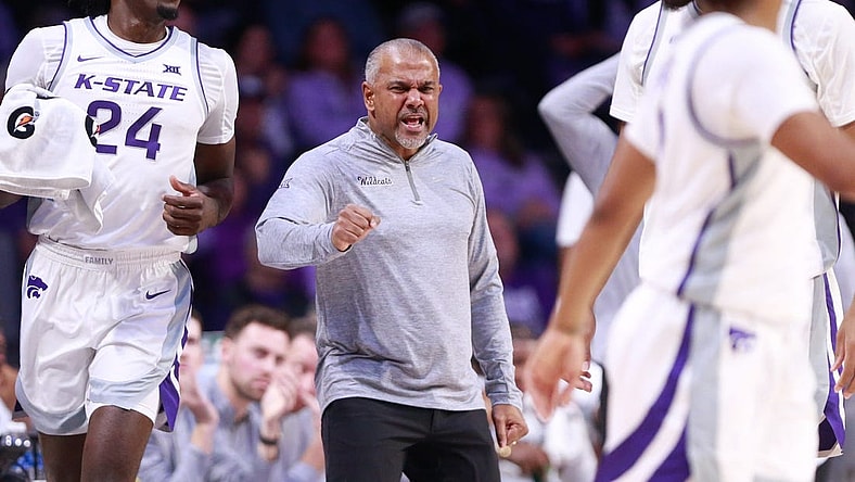 Kansas State coach Jerome Tang yells toward his players during the first half of Tuesday's game against Oral Roberts inside Bramlage Coliseum.