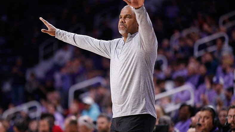 Kansas State coach Jerome Tang calls out plays during the second half of Tuesday's game against Oral Roberts inside Bramlage Coliseum.