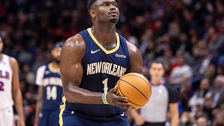 Nov 29, 2023; New Orleans, Louisiana, USA; New Orleans Pelicans forward Zion Williamson (1) shoots a technical free throw against the Philadelphia 76ers during the second half at the Smoothie King Center. Mandatory Credit: Stephen Lew-USA TODAY Sports