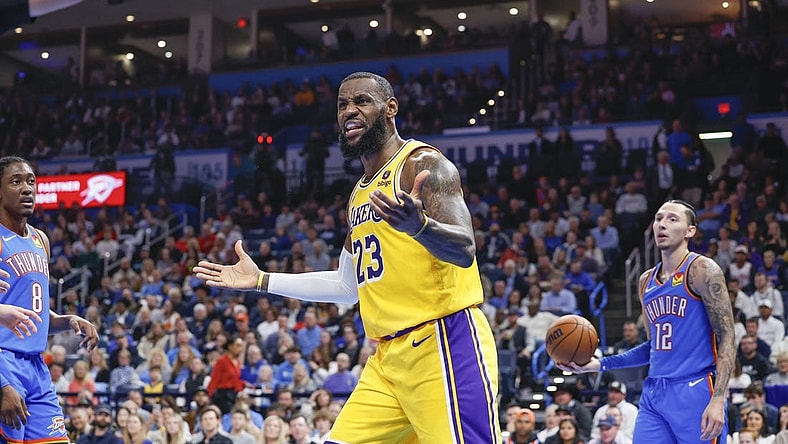 Nov 30, 2023; Oklahoma City, Oklahoma, USA; Los Angeles Lakers forward LeBron James (23) gestures after an officials call during the second quarter against the Oklahoma City Thunder at Paycom Center. Mandatory Credit: Alonzo Adams-USA TODAY Sports