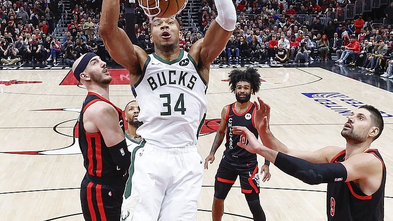 Nov 30, 2023; Chicago, Illinois, USA; Milwaukee Bucks forward Giannis Antetokounmpo (34) dunks the ball against the Chicago Bulls during the second half at United Center. Mandatory Credit: Kamil Krzaczynski-USA TODAY Sports