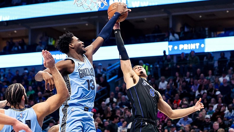 Dec 1, 2023; Dallas, Texas, USA; Memphis Grizzlies forward Jaren Jackson Jr. (13) blocks the shot of Dallas Mavericks guard Josh Green (8) during the second quarter at American Airlines Center. Mandatory Credit: Kevin Jairaj-USA TODAY Sports
