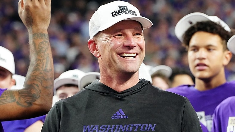 Dec 1, 2023; Las Vegas, NV, USA; Washington Huskies head coach Kalen DeBoer reacts as players celebrate after the Huskies defeated the Oregon Ducks 31-34 to win the Pac-12 Championship at Allegiant Stadium. Mandatory Credit: Stephen R. Sylvanie-USA TODAY Sports