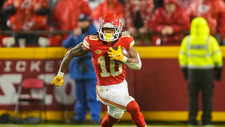 Nov 20, 2023; Kansas City, Missouri, USA; Kansas City Chiefs running back Isiah Pacheco (10) runs the ball during the second half against the Philadelphia Eagles at GEHA Field at Arrowhead Stadium. Mandatory Credit: Jay Biggerstaff-USA TODAY Sports