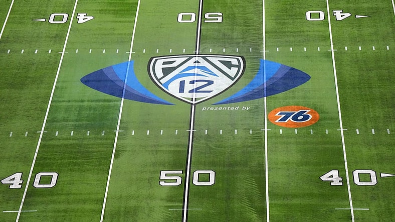 Dec 1, 2023; Las Vegas, NV, USA; The Pac-12 Conference logo at midfield at Allegiant Stadium. Mandatory Credit: Kirby Lee-USA TODAY Sports