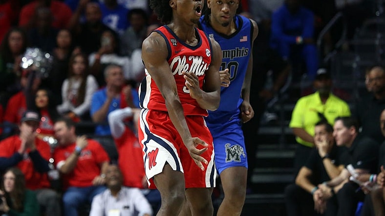 Dec 2, 2023; Oxford, Mississippi, USA; Mississippi Rebels guard Jaylen Murray (5) reacts after a three point basket against the Memphis Tigers during the first half at The Sandy and John Black Pavilion at Ole Miss. Mandatory Credit: Petre Thomas-USA TODAY Sports