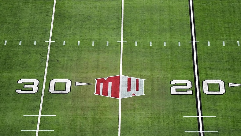 Dec 2, 2023; Las Vegas, NV, USA; The Mountain West conference logo on the field at Allegiant Stadium. Mandatory Credit: Kirby Lee-USA TODAY Sports