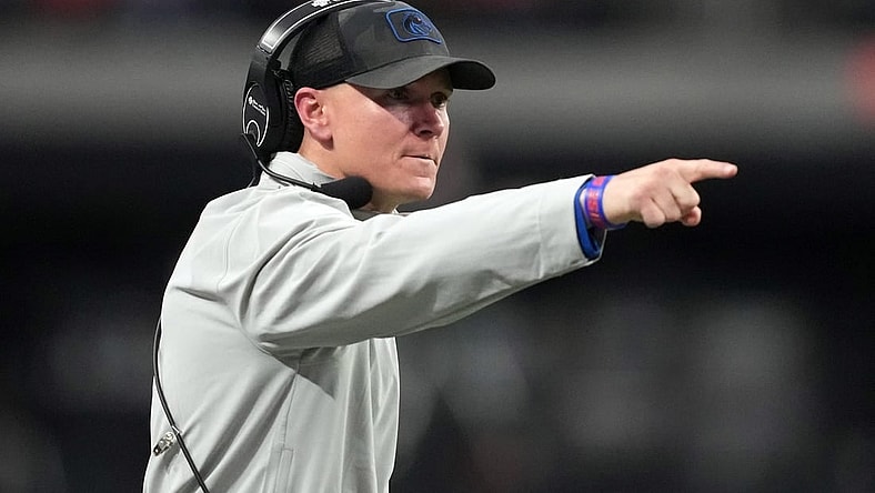 Boise State Broncos head coach Spencer Danielson gestures in the second half against the UNLV Rebels during the Mountain West Championship at Allegiant Stadium. Mandatory Credit: Kirby Lee-USA TODAY Sports