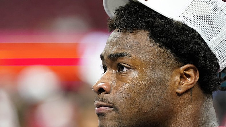 Dec 2, 2023; Atlanta, GA, USA; Alabama Crimson Tide quarterback Jalen Milroe (4) after the game against the Georgia Bulldogs in the SEC Championship game at Mercedes-Benz Stadium. Mandatory Credit: Dale Zanine-USA TODAY Sports