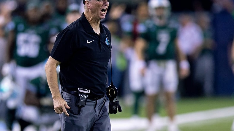 Dec 2, 2023; New Orleans, LA, USA; Tulane Green Wave head coach Willie Fritz reacts to a pass interference call on Tulane Green Wave against the Southern Methodist Mustangs during the second half at Yulman Stadium. Mandatory Credit: Stephen Lew-USA TODAY Sports