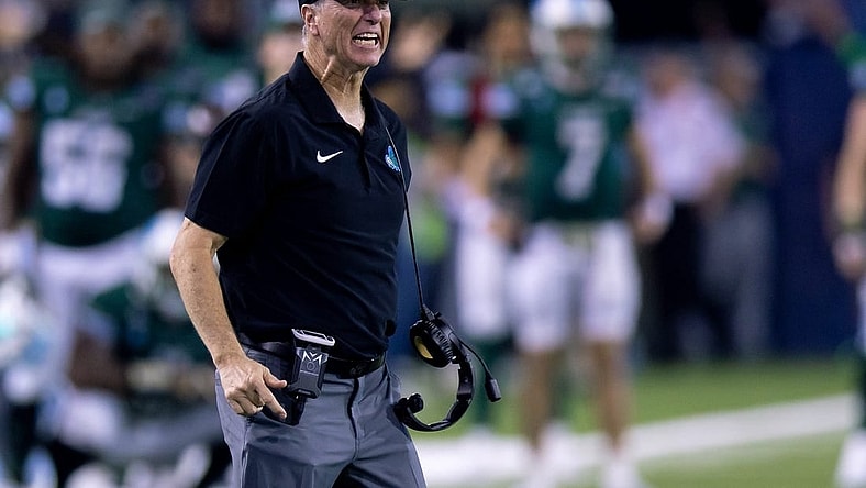 Dec 2, 2023; New Orleans, LA, USA; Tulane Green Wave head coach Willie Fritz reacts to a pass interference call on Tulane Green Wave against the Southern Methodist Mustangs during the second half at Yulman Stadium. Mandatory Credit: Stephen Lew-USA TODAY Sports