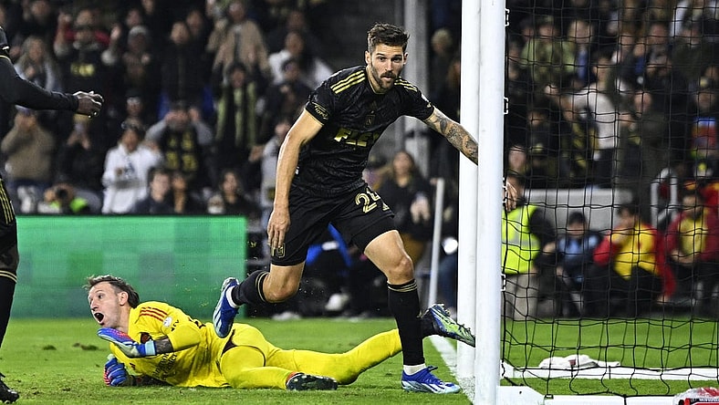 Dec 2, 2023; Los Angeles, California, USA; Los Angeles FC midfielder Ryan Hollingshead (24) reacts after scoring a goal against the Houston Dynamo in the first half for the MLS Cup Western Conference Final at BMO Stadium. Mandatory Credit: Kelvin Kuo-USA TODAY Sports