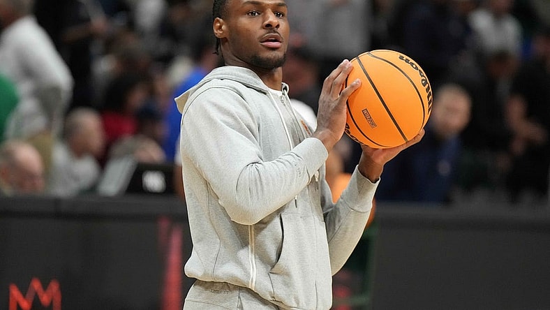 Dec 2, 2023; Las Vegas, Nevada, USA; Southern California Trojans guard Bronny James reacts during the Legends of Basketball Las Vegas Invitational against the Gonzaga Bulldogs at MGM Grand Garden Arena. Mandatory Credit: Kirby Lee-USA TODAY Sports