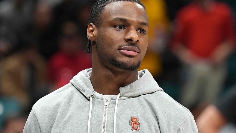 Dec 2, 2023; Las Vegas, Nevada, USA; Southern California Trojans guard Bronny James reacts during the Legends of Basketball Las Vegas Invitational against the Gonzaga Bulldogs at MGM Grand Garden Arena. Mandatory Credit: Kirby Lee-USA TODAY Sports