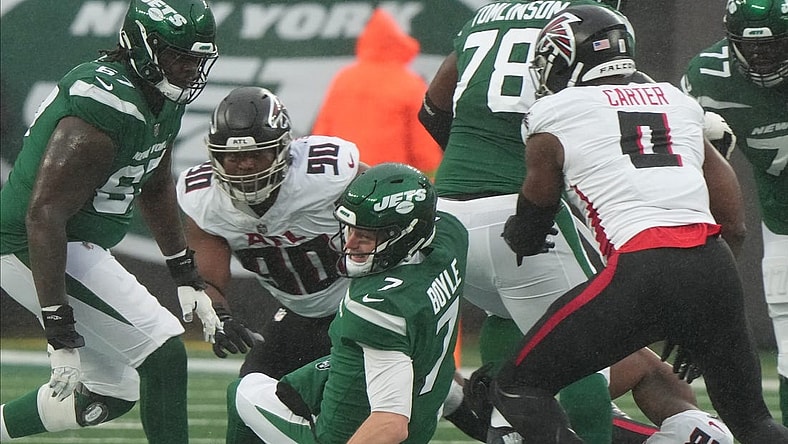 East Rutherford, NJ     December 3, 2023 -- Jets quarterback Tim Boyle is sacked in the first half. The Atlanta Falcons topped the NY Jets 13-8 at MetLife Stadium on December 3, 2023 in East Rutherford, NJ.