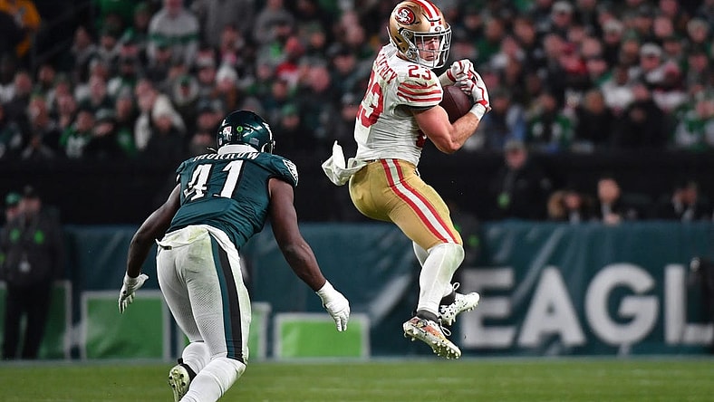 Dec 3, 2023; Philadelphia, Pennsylvania, USA; San Francisco 49ers running back Christian McCaffrey (23) makes a catch against the Philadelphia Eagles during the third quarter at Lincoln Financial Field. Mandatory Credit: Eric Hartline-USA TODAY Sports