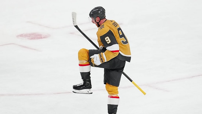 Dec 4, 2023; Las Vegas, Nevada, USA; Vegas Golden Knights center Jack Eichel (9) celebrates after scoring a goal against the St. Louis Blues during the third period at T-Mobile Arena. Mandatory Credit: Stephen R. Sylvanie-USA TODAY Sports