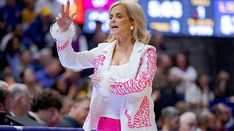 Nov 30, 2023; Baton Rouge, Louisiana, USA; LSU Lady Tigers head coach Kim Mulkey reacts during the second half at Pete Maravich Assembly Center. Mandatory Credit: Matthew Hinton-USA TODAY Sports
